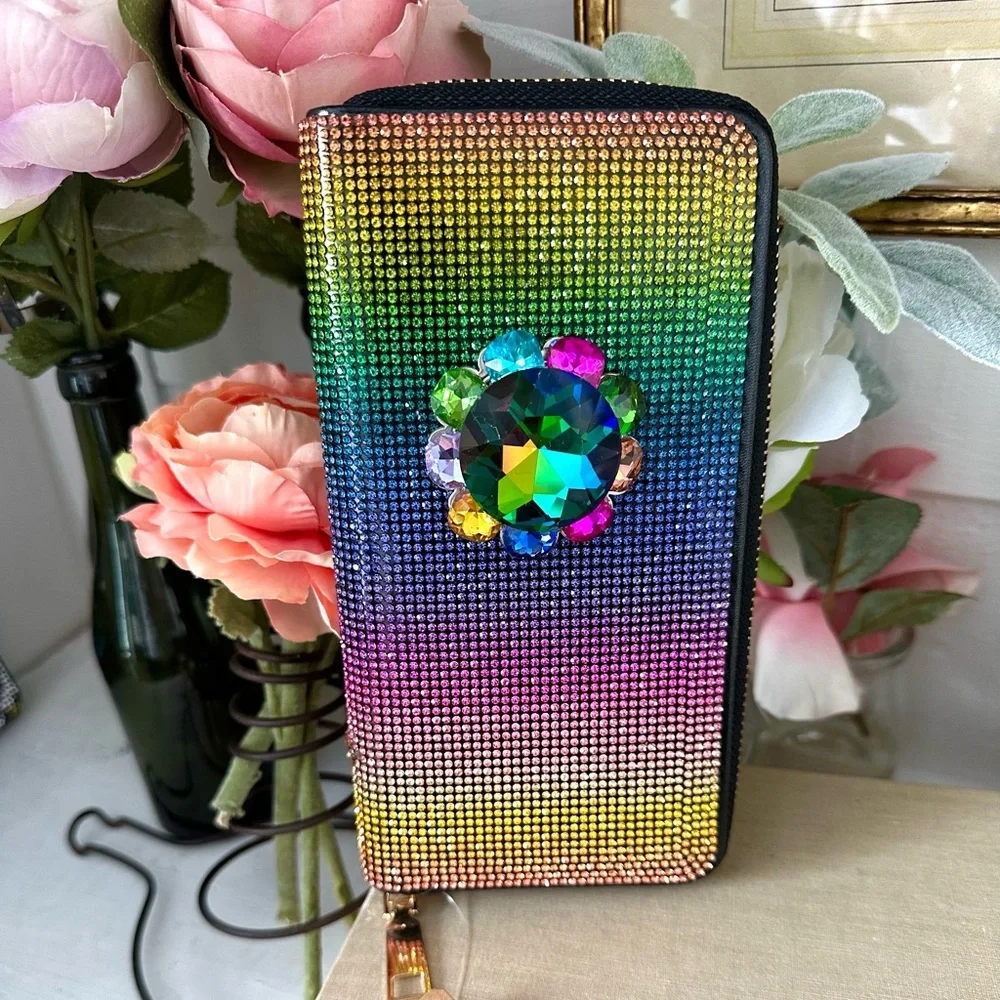 Rainbow rhinestone wallet with zipper, brand new